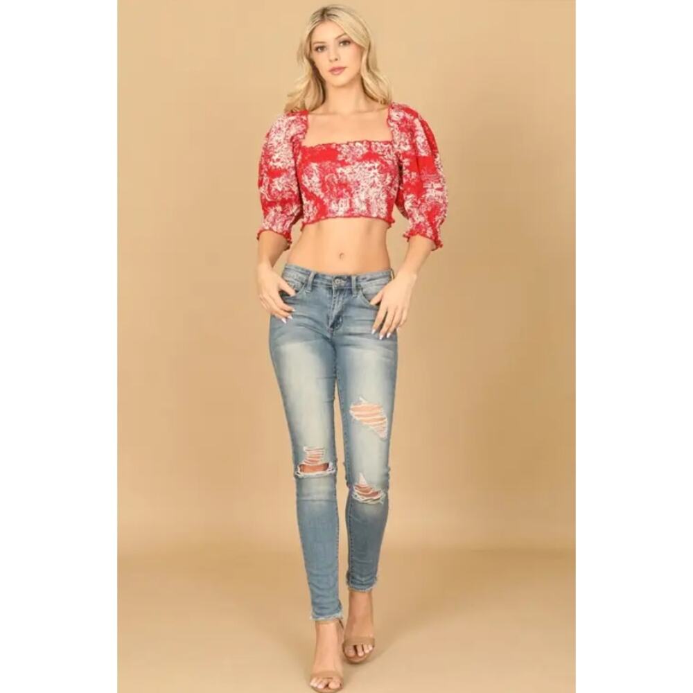 Red Toile Print Smocked Cottagecore Crop Top Puff Sleeve Size Small - Picture 3 of 6